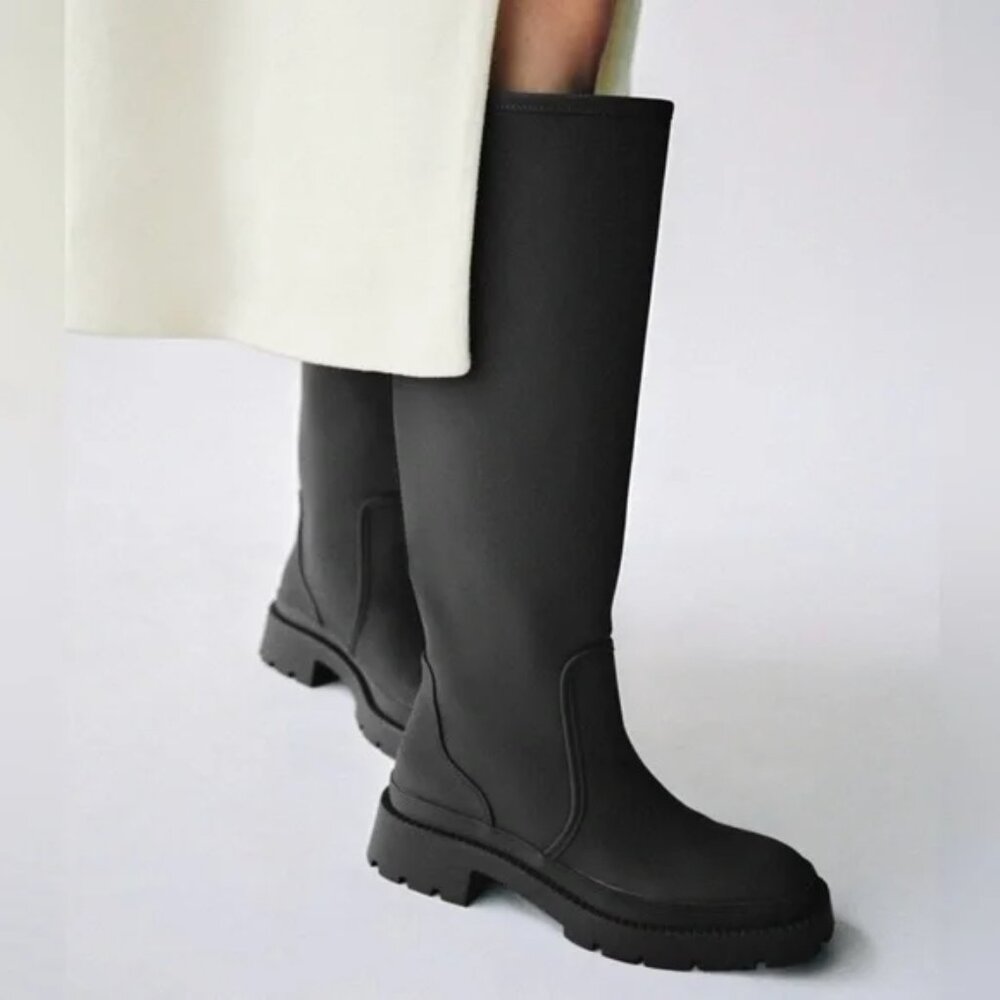 Zara Black Lug Sole Rubberized Water Resistant Knee High Boots Sz 37
